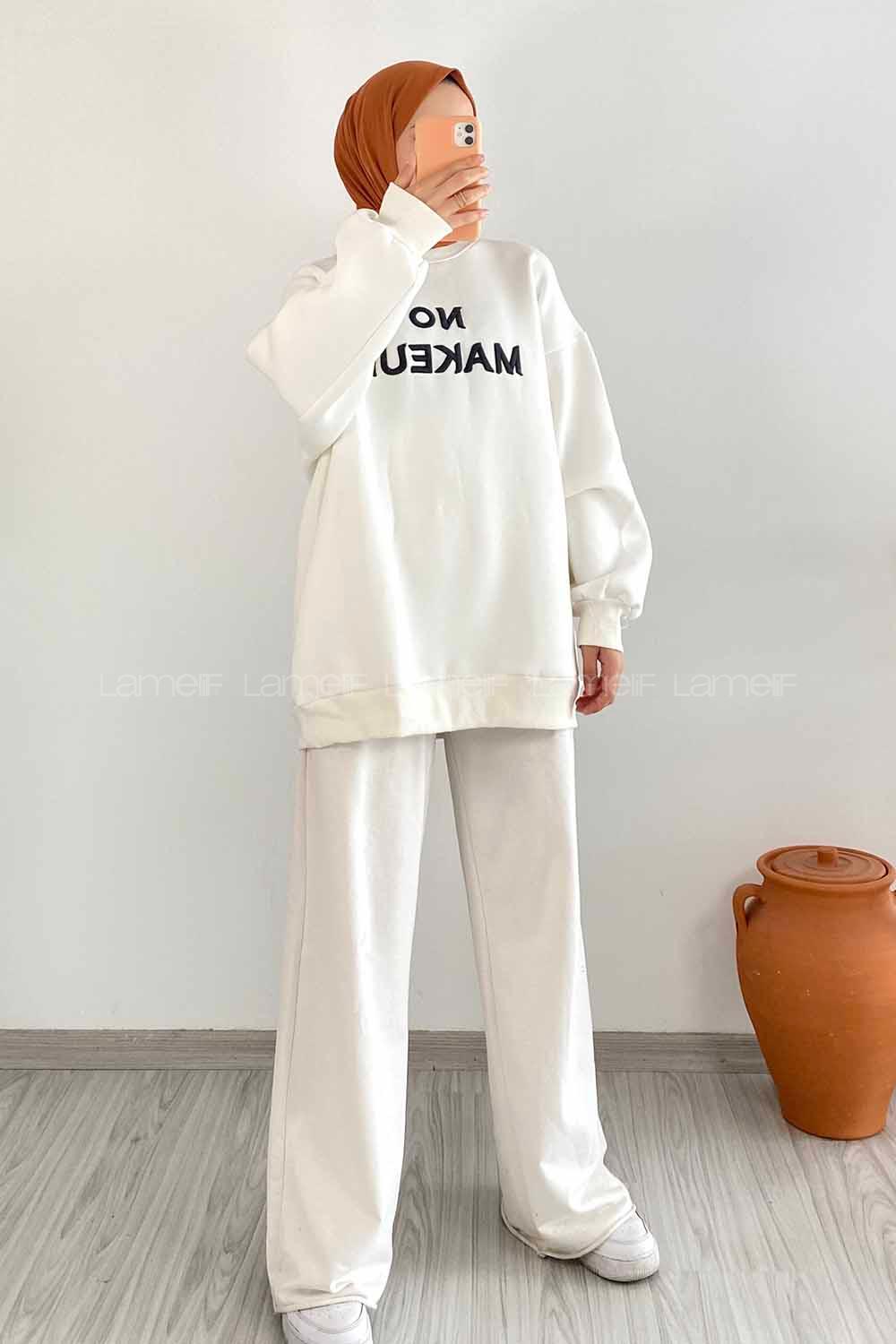 Modalamelif Bisiklet Yaka Yazı Nakışlı Oversize Sweat Beyaz