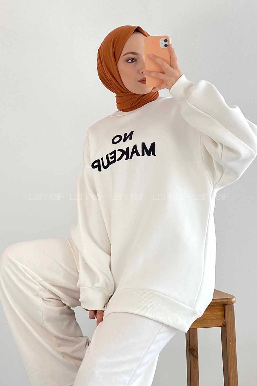 Modalamelif Bisiklet Yaka Yazı Nakışlı Oversize Sweat Beyaz
