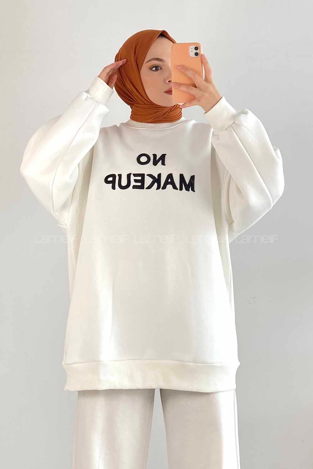 Modalamelif Bisiklet Yaka Yazı Nakışlı Oversize Sweat Beyaz