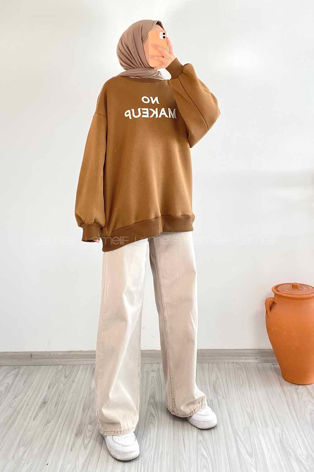 Modalamelif Bisiklet Yaka Yazı Nakışlı Oversize Sweat Kahverengi