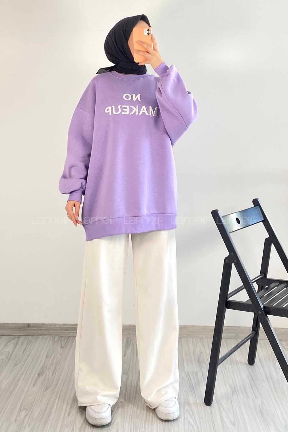Modalamelif Bisiklet Yaka Yazı Nakışlı Oversize Sweat Lila