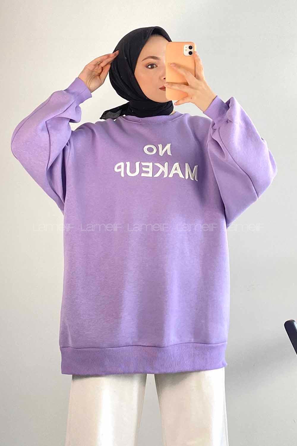 Modalamelif Bisiklet Yaka Yazı Nakışlı Oversize Sweat Lila