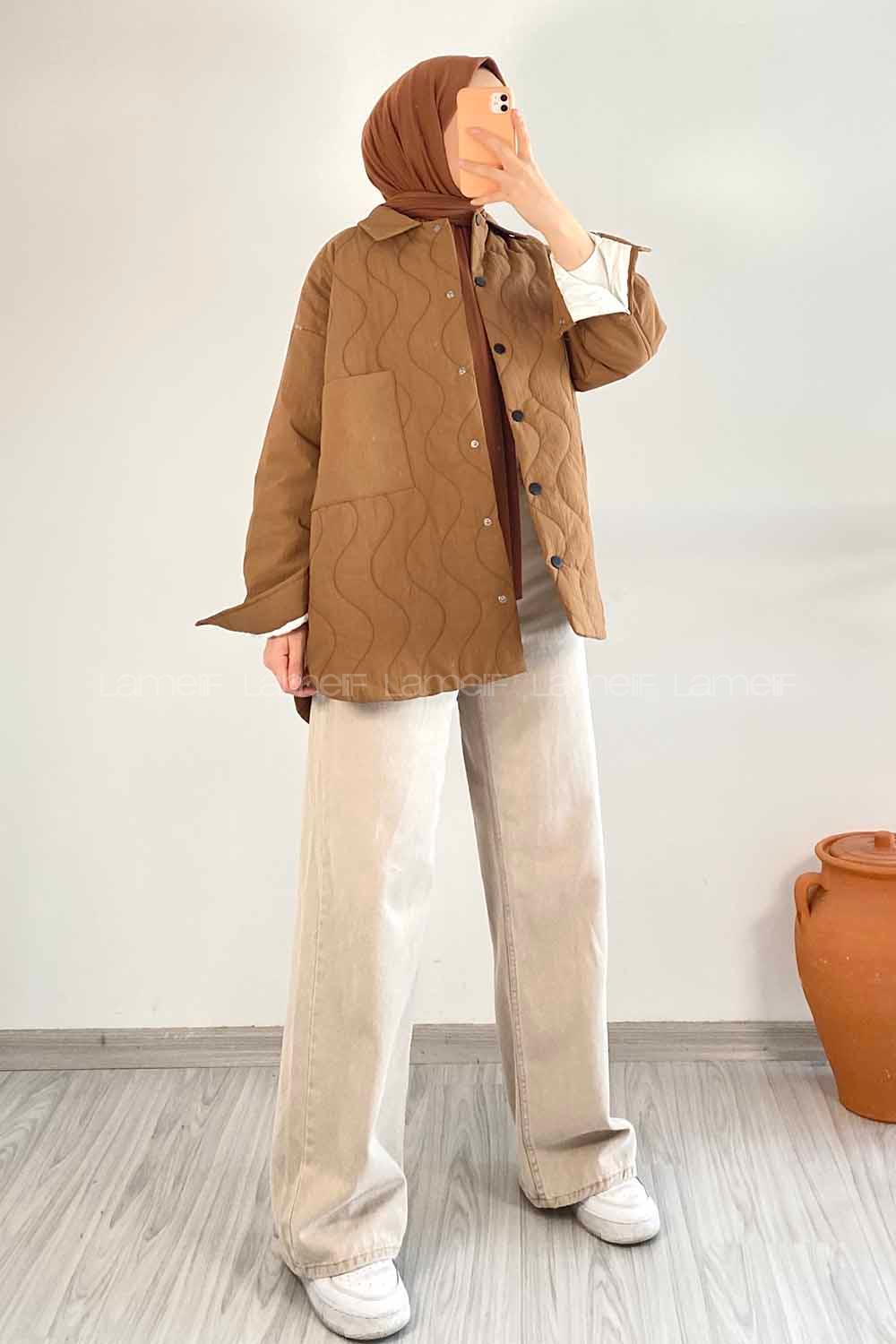 Modalamelif Çift Cepli Boydan Düğmeli Şişme Mont Kahverengi