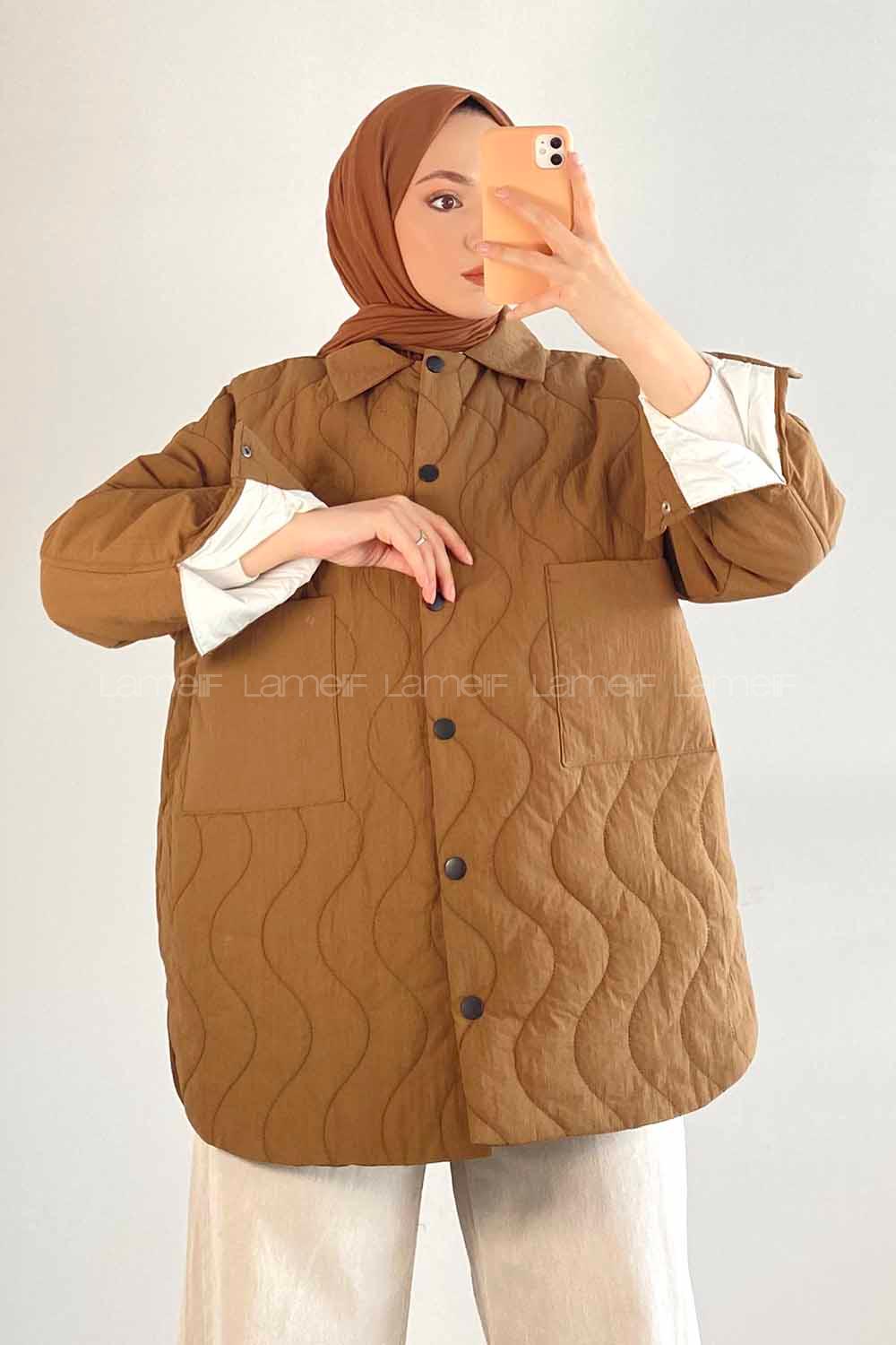 Modalamelif Çift Cepli Boydan Düğmeli Şişme Mont Kahverengi