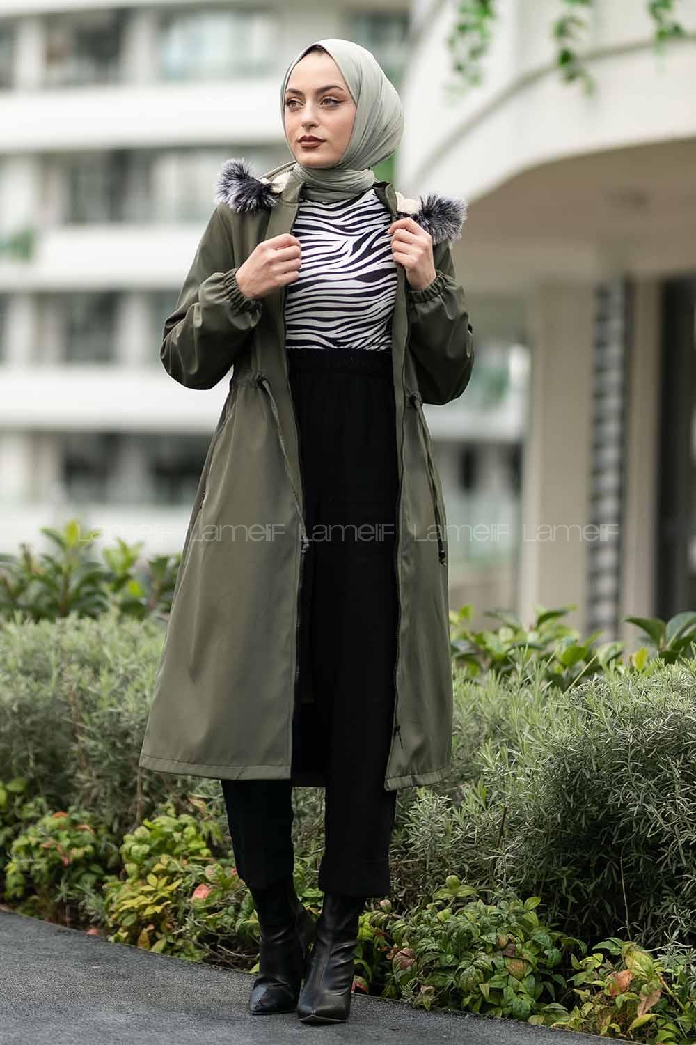 Modalamelif Çift Cepli Boydan Fermuarlı Kapüşonlu İçi Kürklü Mont Haki