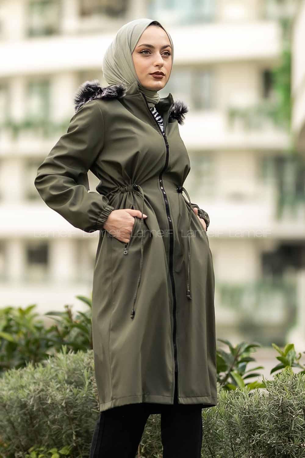 Modalamelif Çift Cepli Boydan Fermuarlı Kapüşonlu İçi Kürklü Mont Haki
