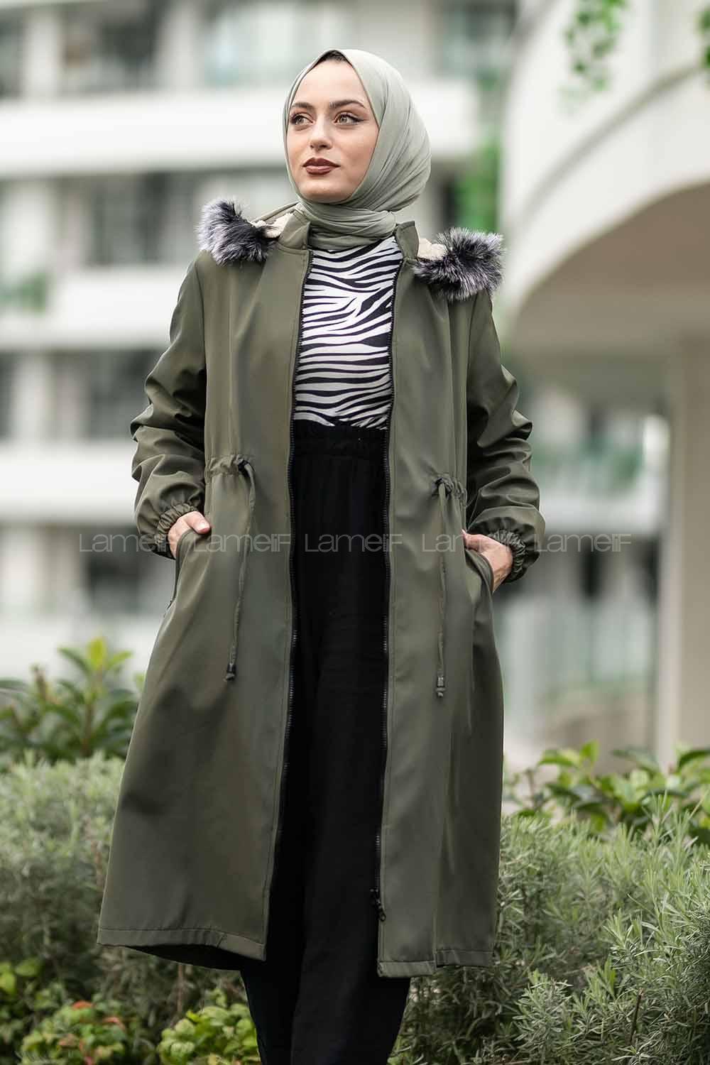 Modalamelif Çift Cepli Boydan Fermuarlı Kapüşonlu İçi Kürklü Mont Haki