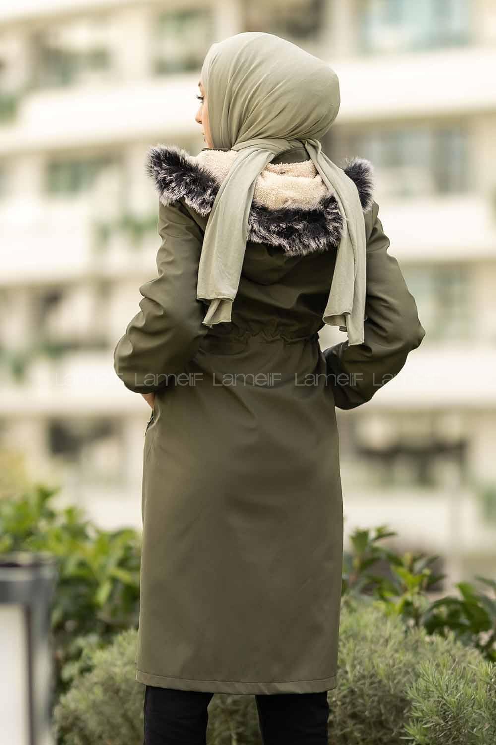 Modalamelif Çift Cepli Boydan Fermuarlı Kapüşonlu İçi Kürklü Mont Haki