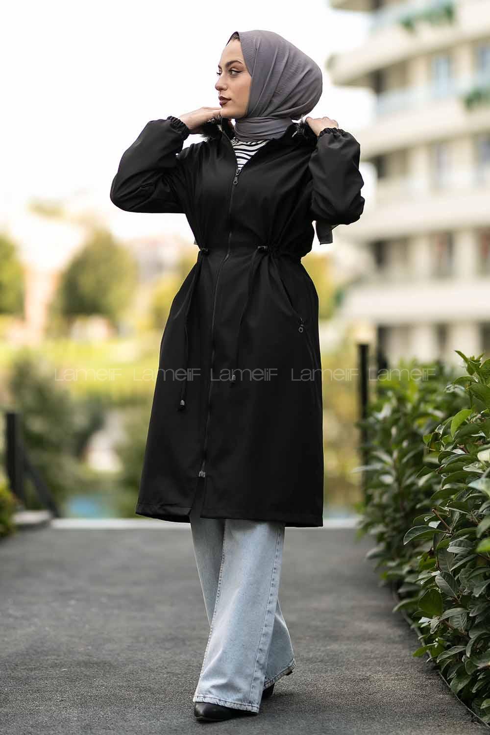 Modalamelif Çift Cepli Boydan Fermuarlı Kapüşonlu İçi Kürklü Mont Siyah