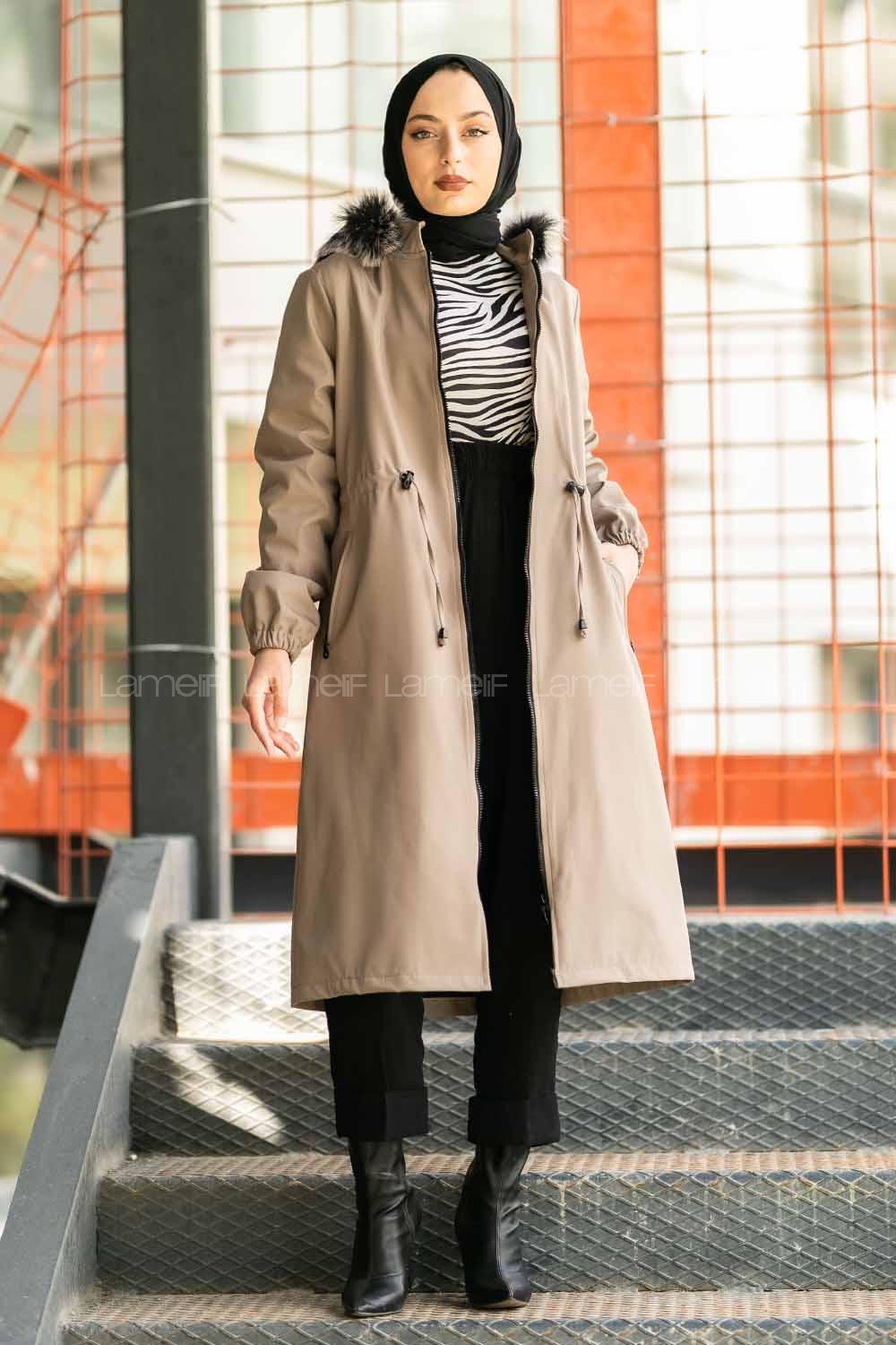 Modalamelif Çift Cepli Boydan Fermuarlı Kapüşonlu İçi Kürklü Mont Vizonrengi