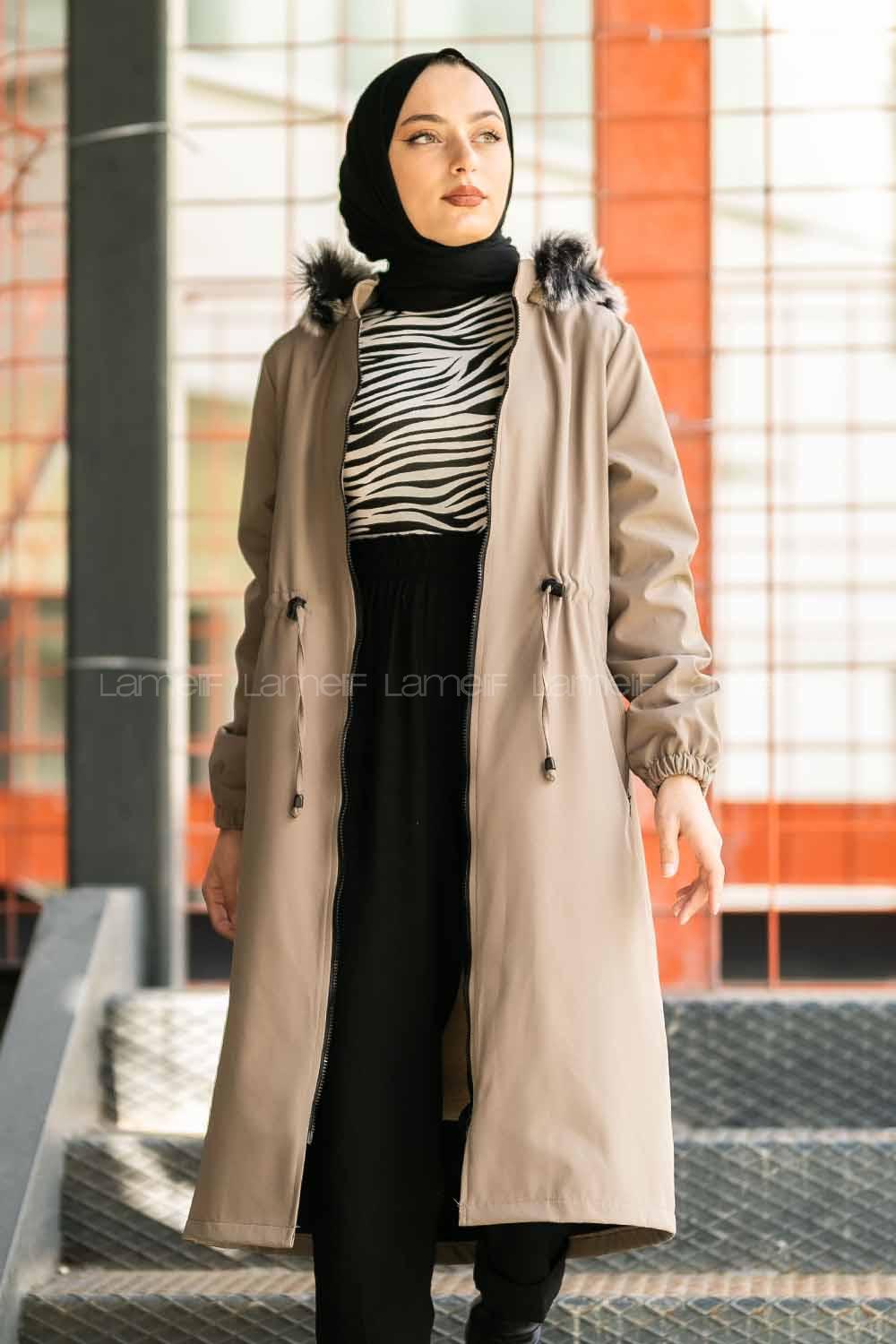 Modalamelif Çift Cepli Boydan Fermuarlı Kapüşonlu İçi Kürklü Mont Vizonrengi