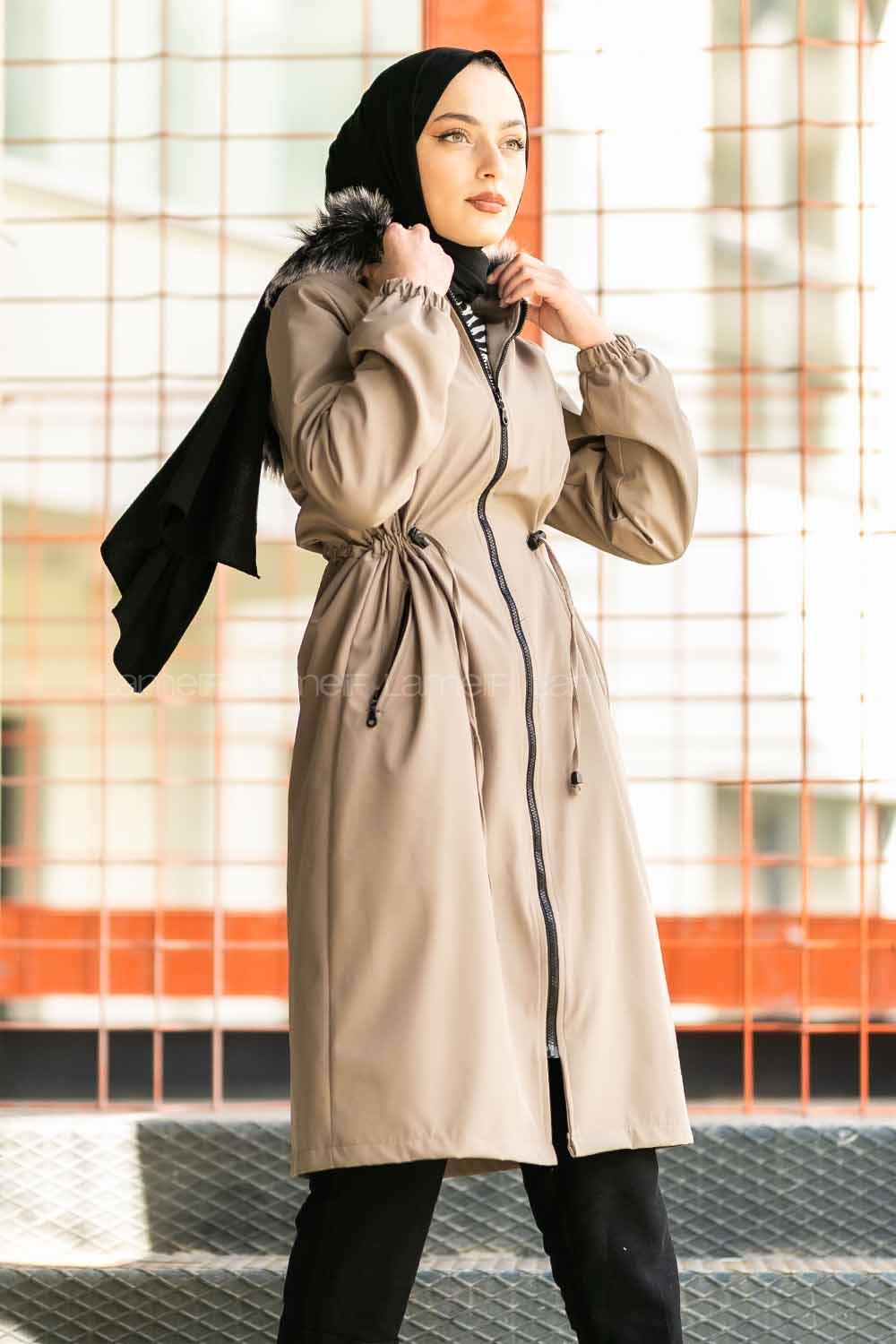 Modalamelif Çift Cepli Boydan Fermuarlı Kapüşonlu İçi Kürklü Mont Vizonrengi