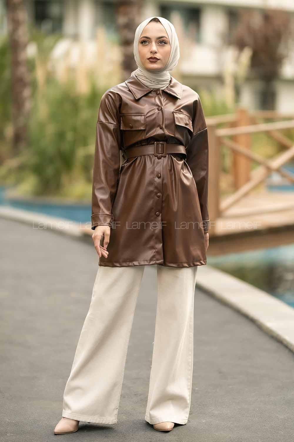 Modalamelif Çift Kapak Cepli Kemer Detaylı Boydan Düğmeli Deri Ceket  Acıkahve