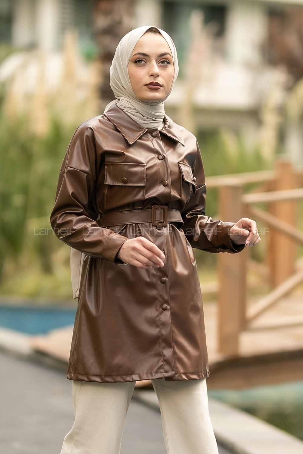 Modalamelif Çift Kapak Cepli Kemer Detaylı Boydan Düğmeli Deri Ceket  Acıkahve