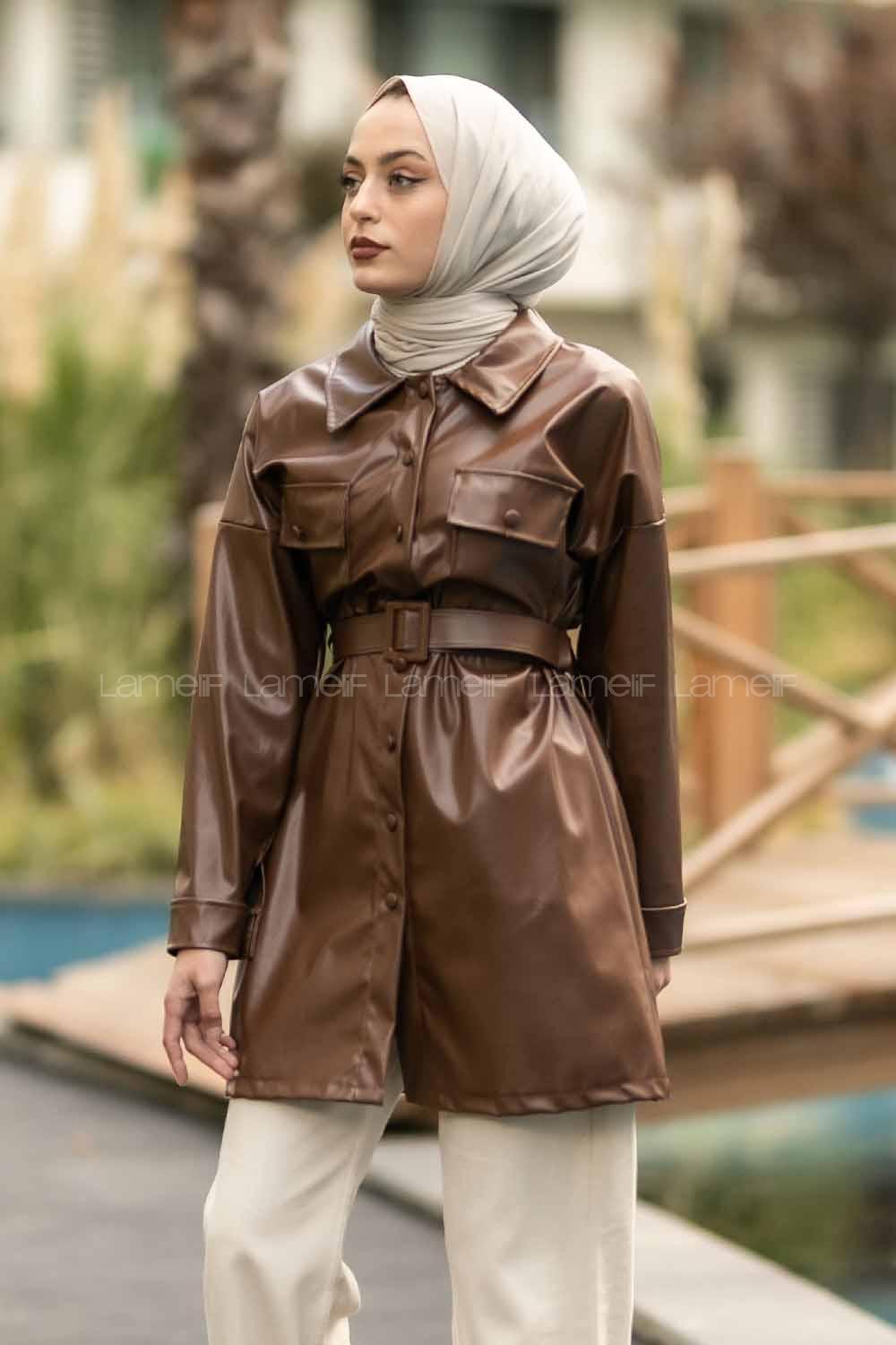 Modalamelif Çift Kapak Cepli Kemer Detaylı Boydan Düğmeli Deri Ceket  Acıkahve