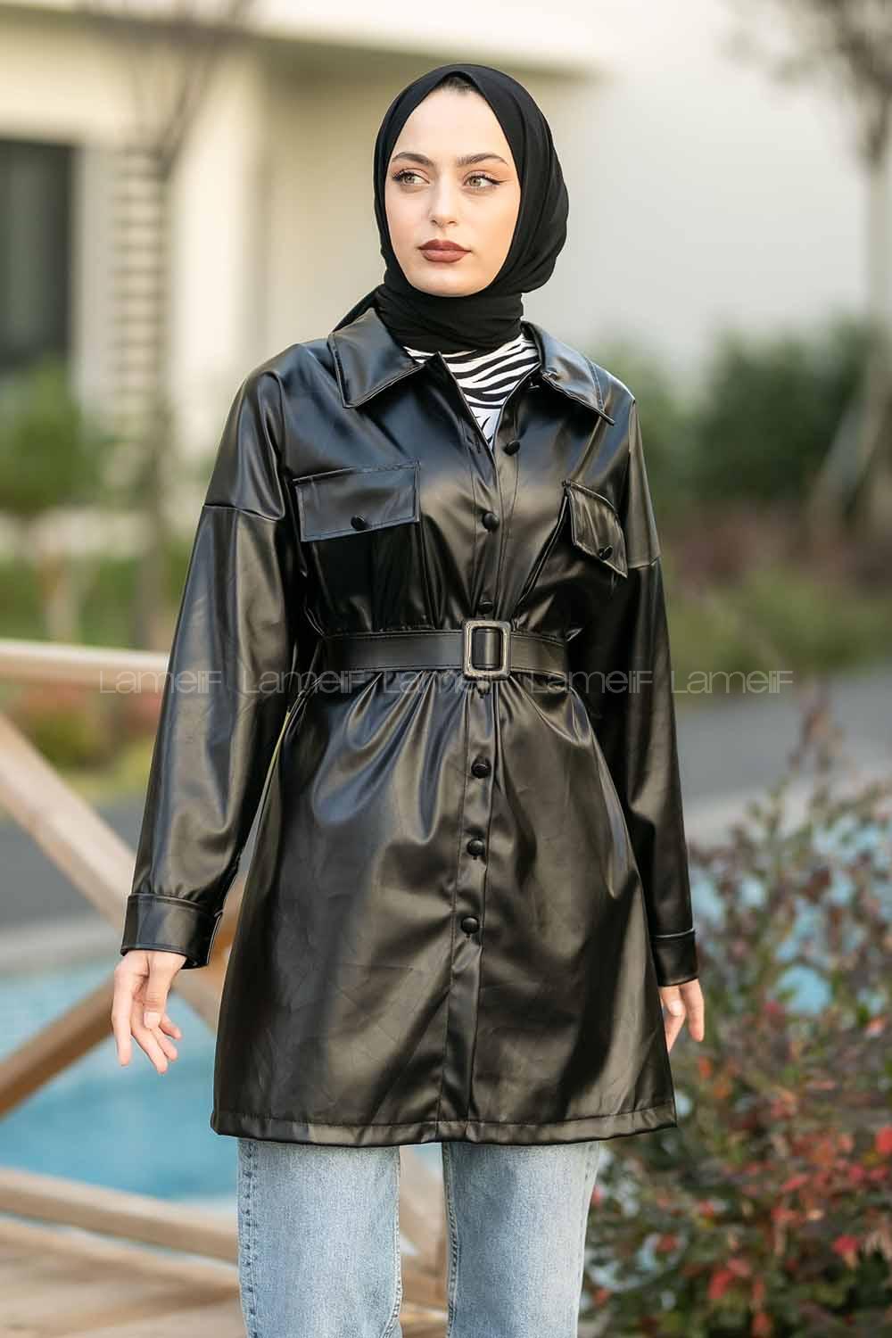 Modalamelif Çift Kapak Cepli Kemer Detaylı Boydan Düğmeli Deri Ceket Siyah