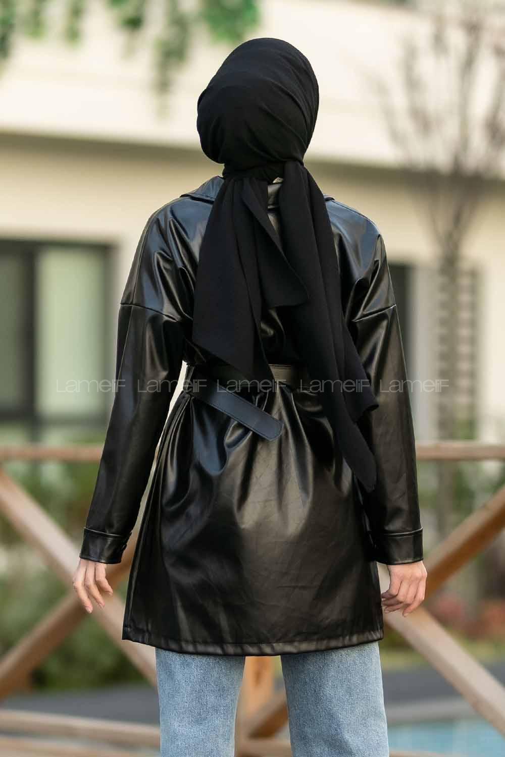 Modalamelif Çift Kapak Cepli Kemer Detaylı Boydan Düğmeli Deri Ceket Siyah