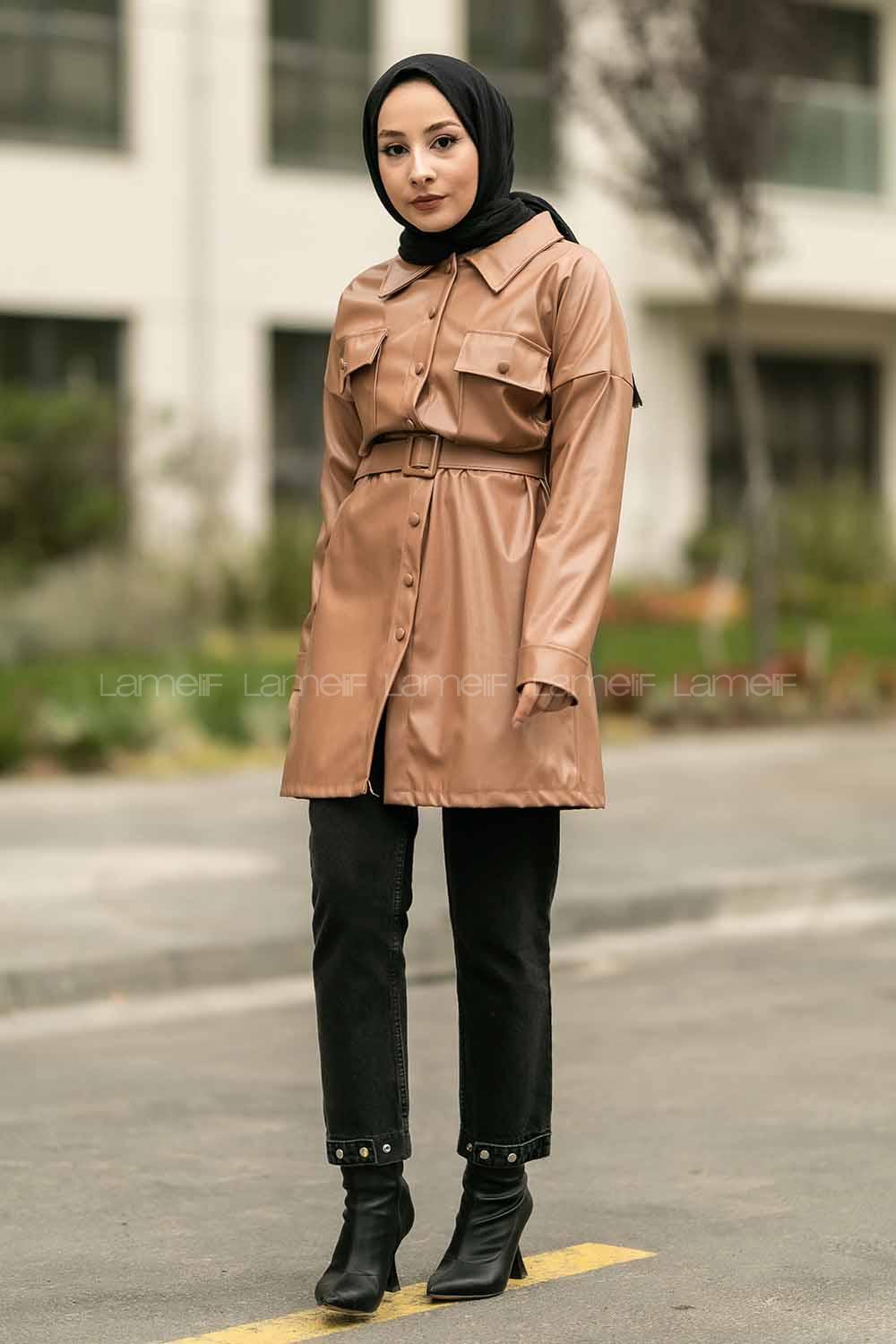 Modalamelif Çift Kapak Cepli Kemer Detaylı Boydan Düğmeli Deri Ceket Taba