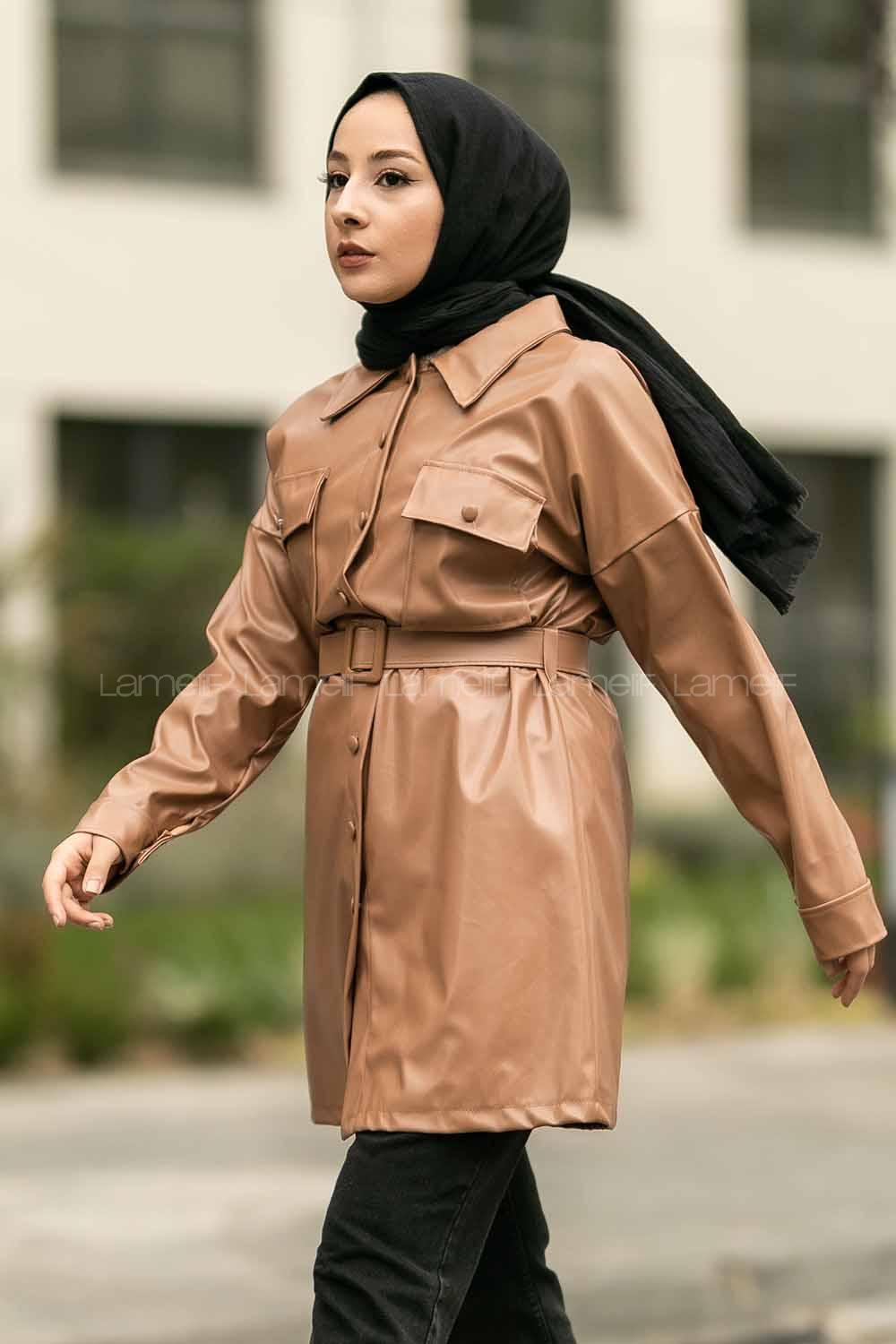 Modalamelif Çift Kapak Cepli Kemer Detaylı Boydan Düğmeli Deri Ceket Taba