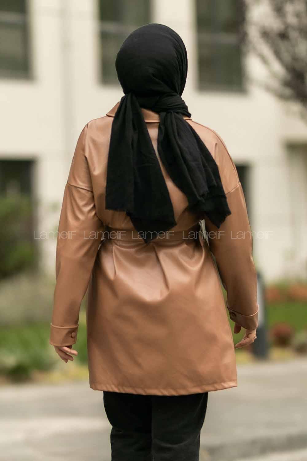 Modalamelif Çift Kapak Cepli Kemer Detaylı Boydan Düğmeli Deri Ceket Taba