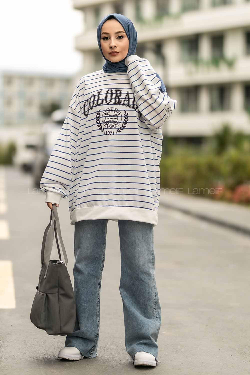 Modalamelif Colorado Yazı Baskılı Çizgi Desenli Sweat Beyaz-Mavi