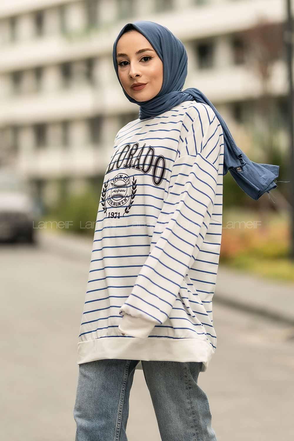 Modalamelif Colorado Yazı Baskılı Çizgi Desenli Sweat Beyaz-Mavi