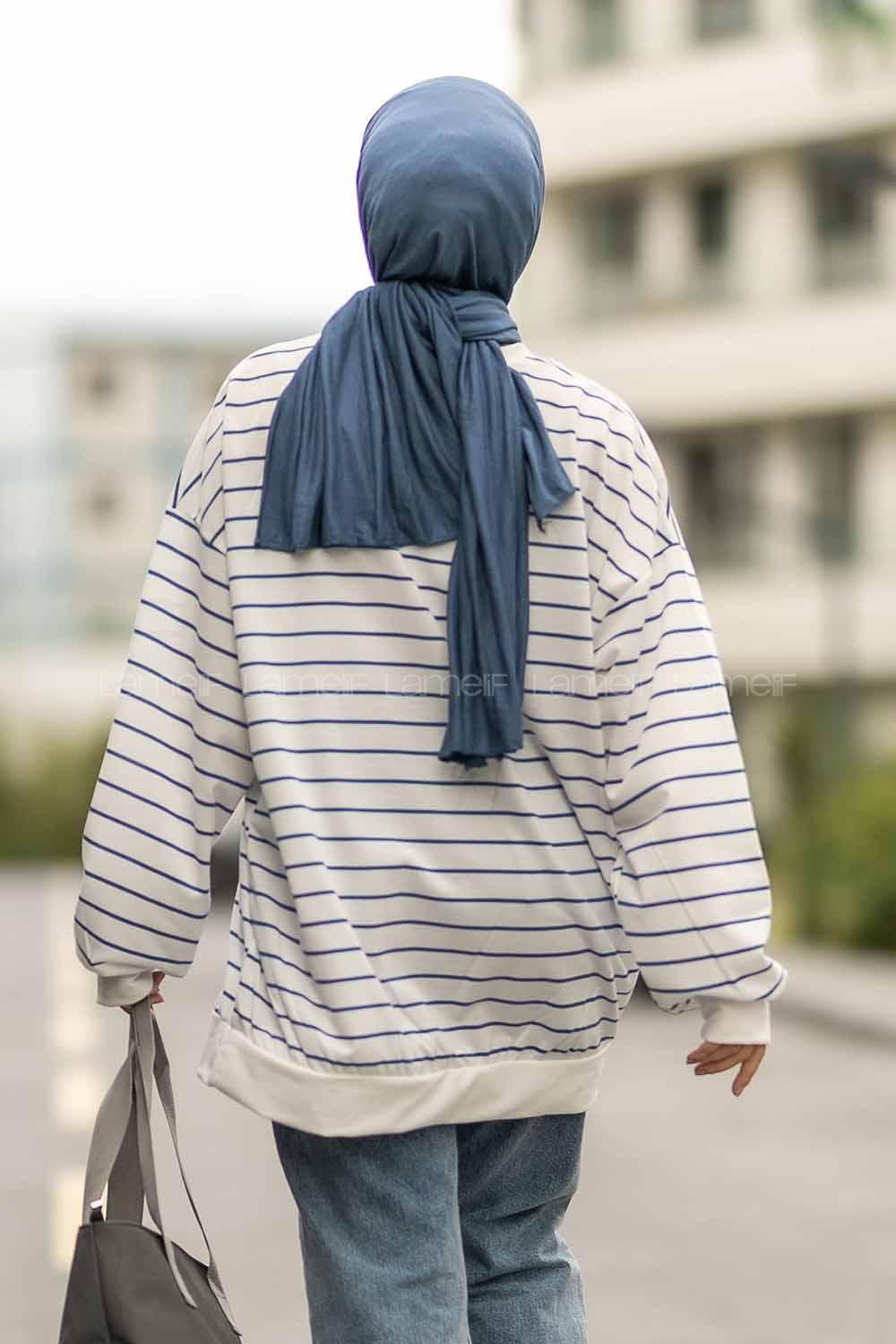 Modalamelif Colorado Yazı Baskılı Çizgi Desenli Sweat Beyaz-Mavi