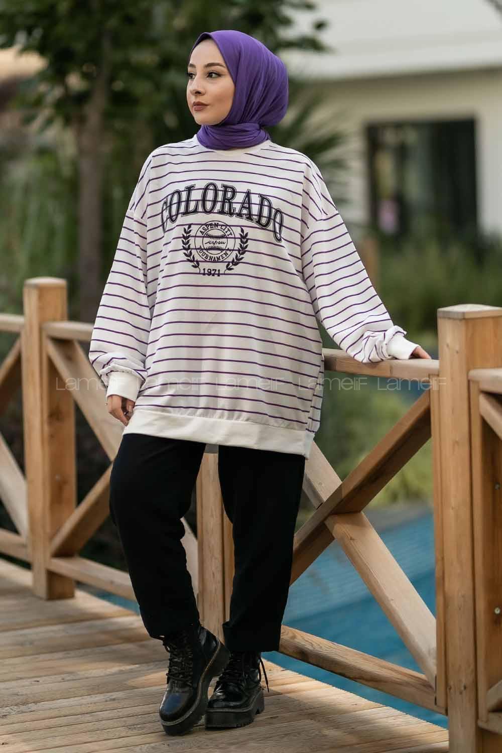 Modalamelif Colorado Yazı Baskılı Çizgi Desenli Sweat Beyaz-Mor