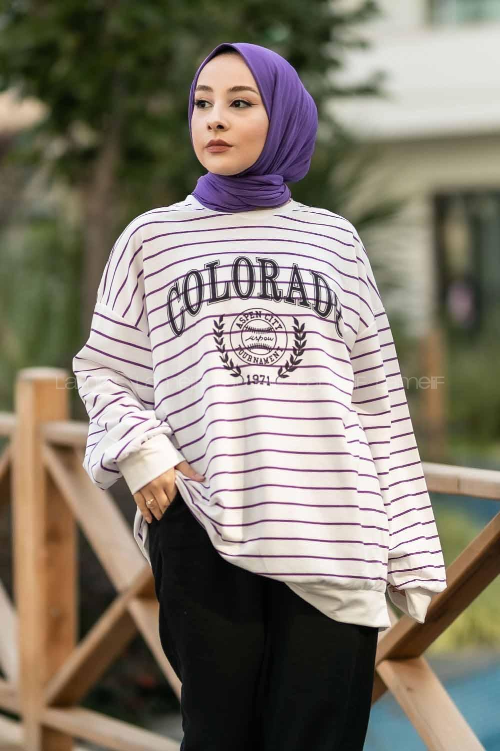Modalamelif Colorado Yazı Baskılı Çizgi Desenli Sweat Beyaz-Mor