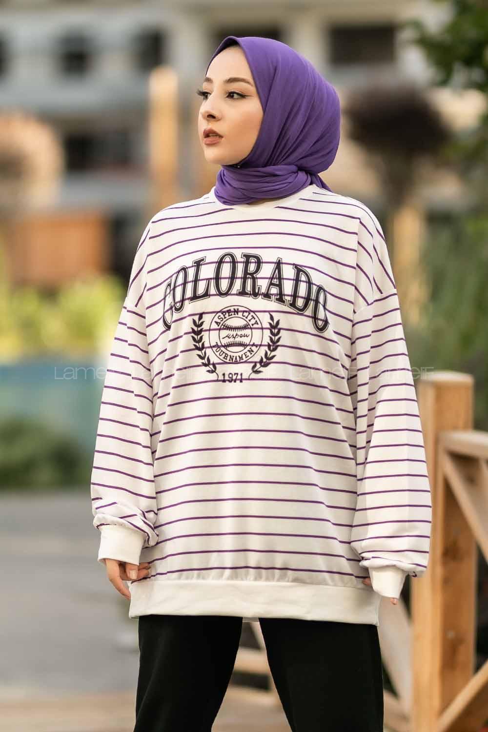 Modalamelif Colorado Yazı Baskılı Çizgi Desenli Sweat Beyaz-Mor