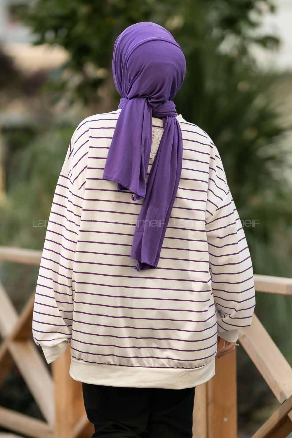 Modalamelif Colorado Yazı Baskılı Çizgi Desenli Sweat Beyaz-Mor