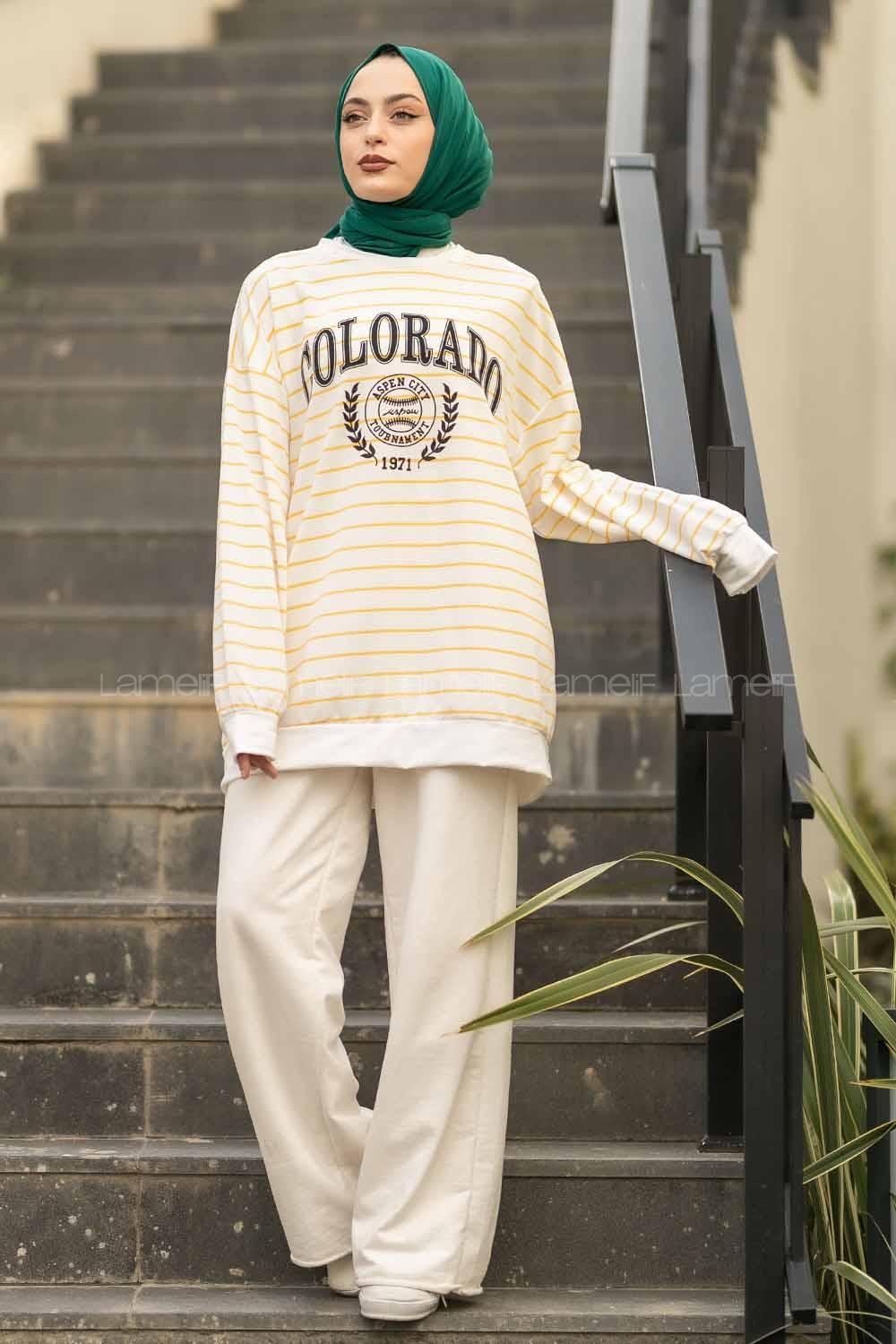 Modalamelif Colorado Yazı Baskılı Çizgi Desenli Sweat Beyaz-Sarı