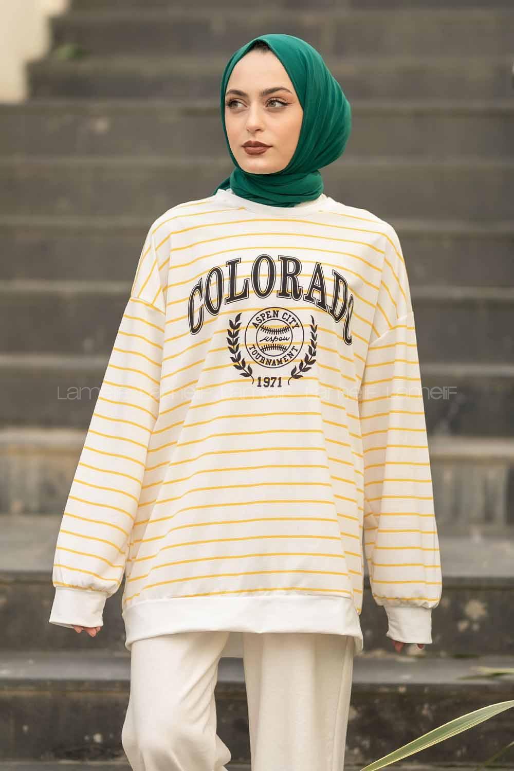 Modalamelif Colorado Yazı Baskılı Çizgi Desenli Sweat Beyaz-Sarı