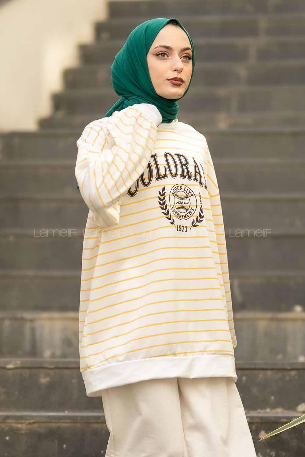 Modalamelif Colorado Yazı Baskılı Çizgi Desenli Sweat Beyaz-Sarı