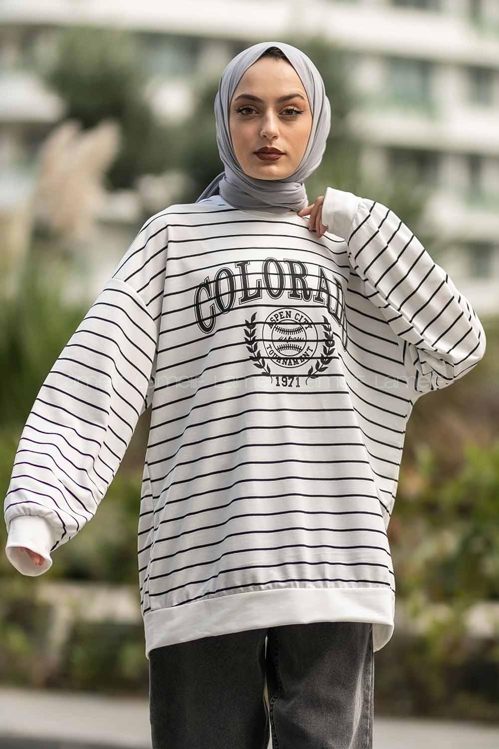 Modalamelif Colorado Yazı Baskılı Çizgi Desenli Sweat Beyaz-Siyah