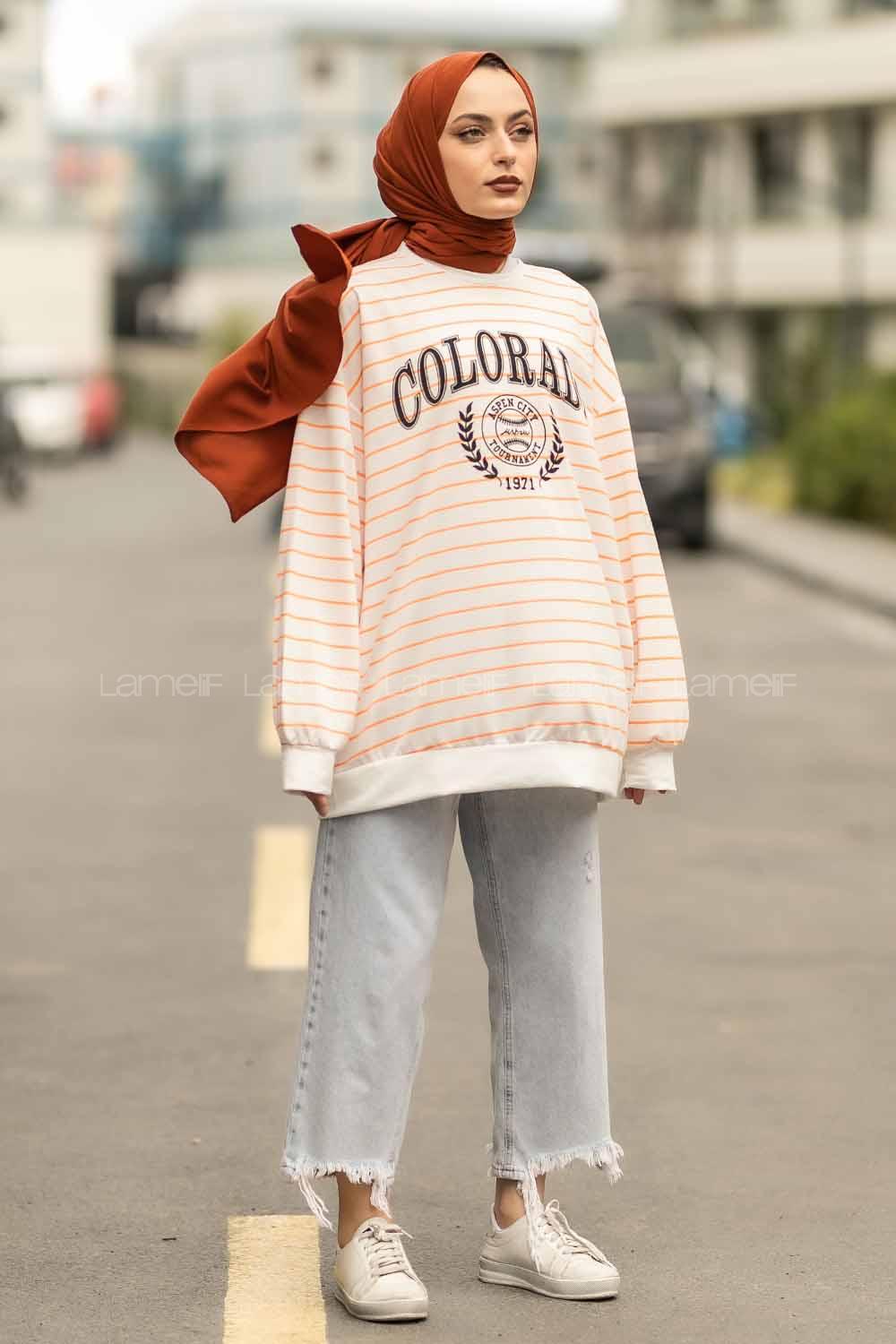 Modalamelif Colorado Yazı Baskılı Çizgi Desenli Sweat Beyaz-Turuncu