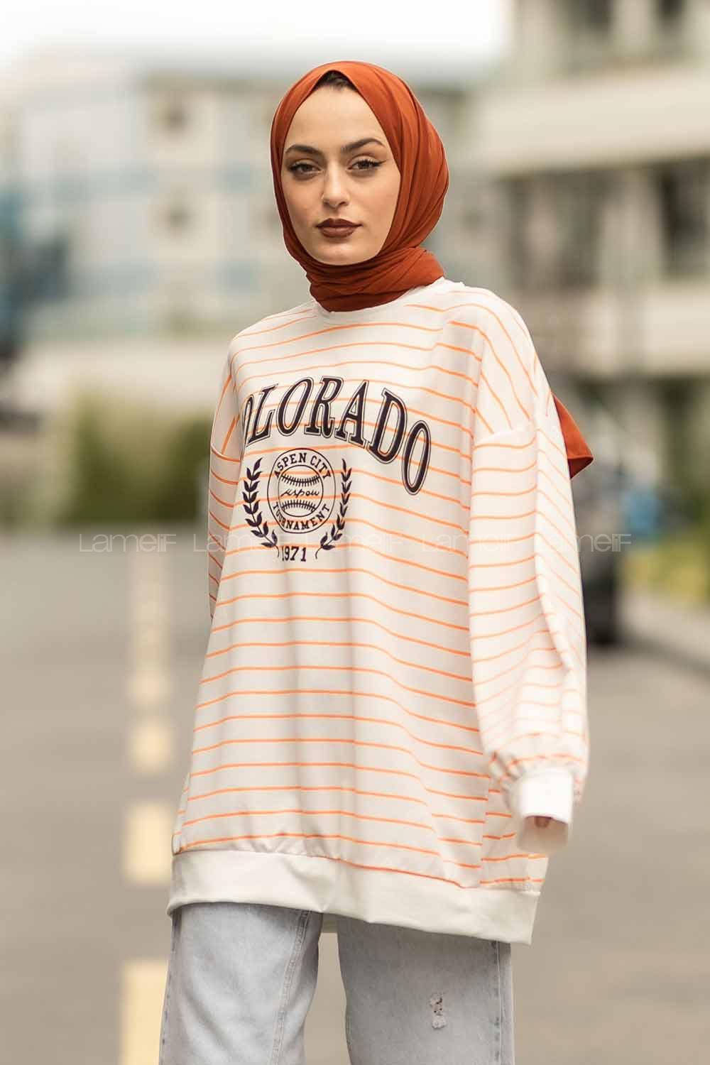 Modalamelif Colorado Yazı Baskılı Çizgi Desenli Sweat Beyaz-Turuncu