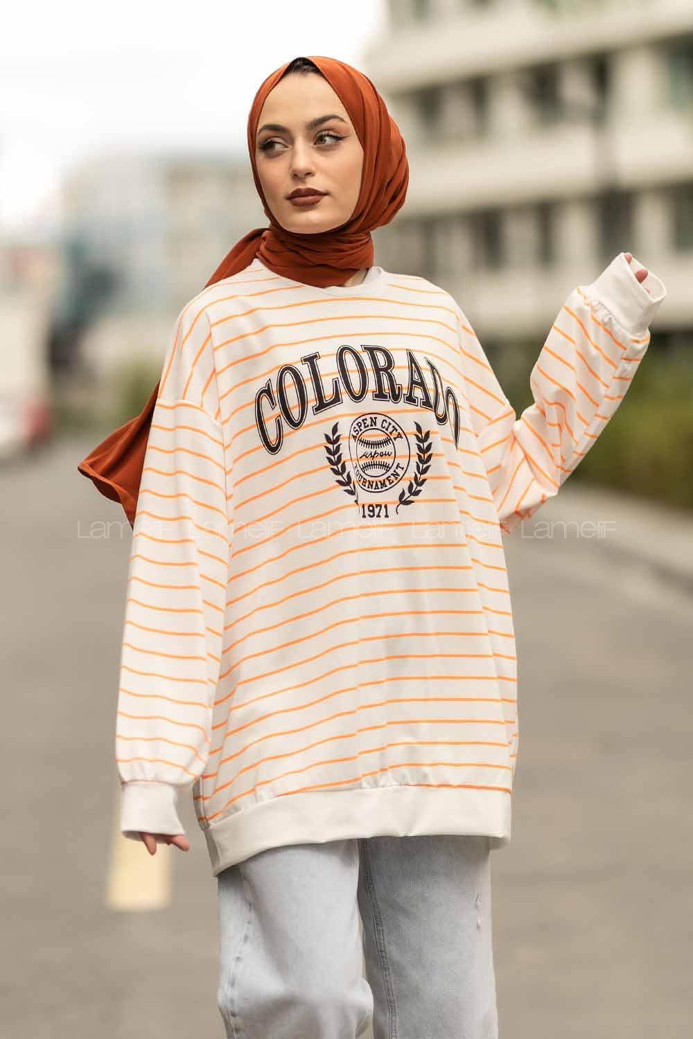 Modalamelif Colorado Yazı Baskılı Çizgi Desenli Sweat Beyaz-Turuncu