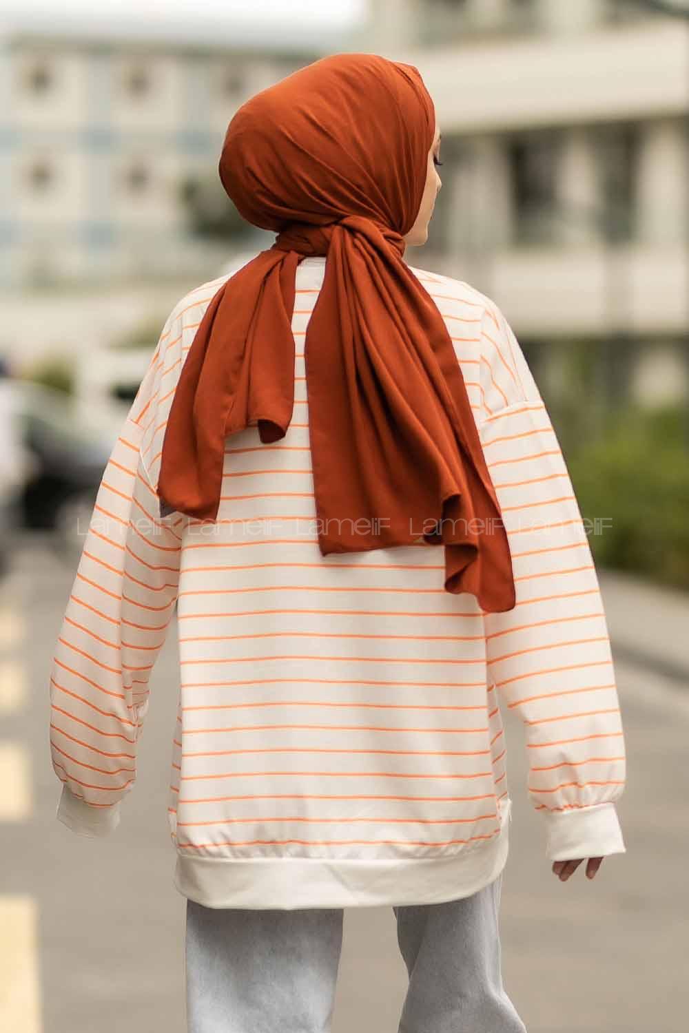 Modalamelif Colorado Yazı Baskılı Çizgi Desenli Sweat Beyaz-Turuncu