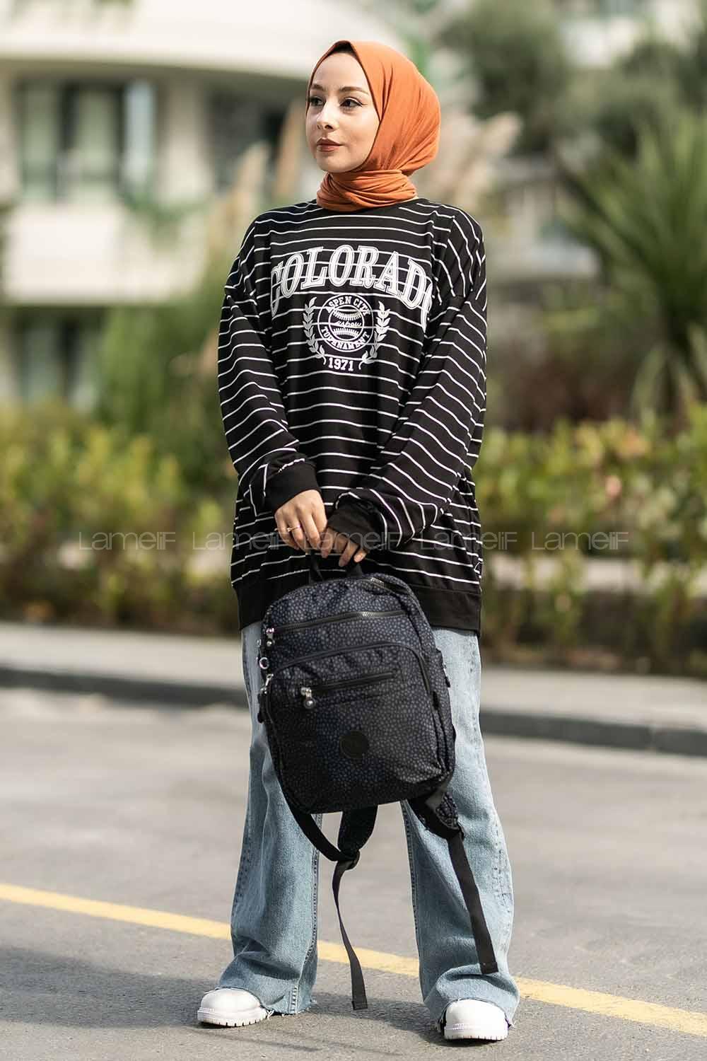Modalamelif Colorado Yazı Baskılı Çizgi Desenli Sweat Siyah-Beyaz