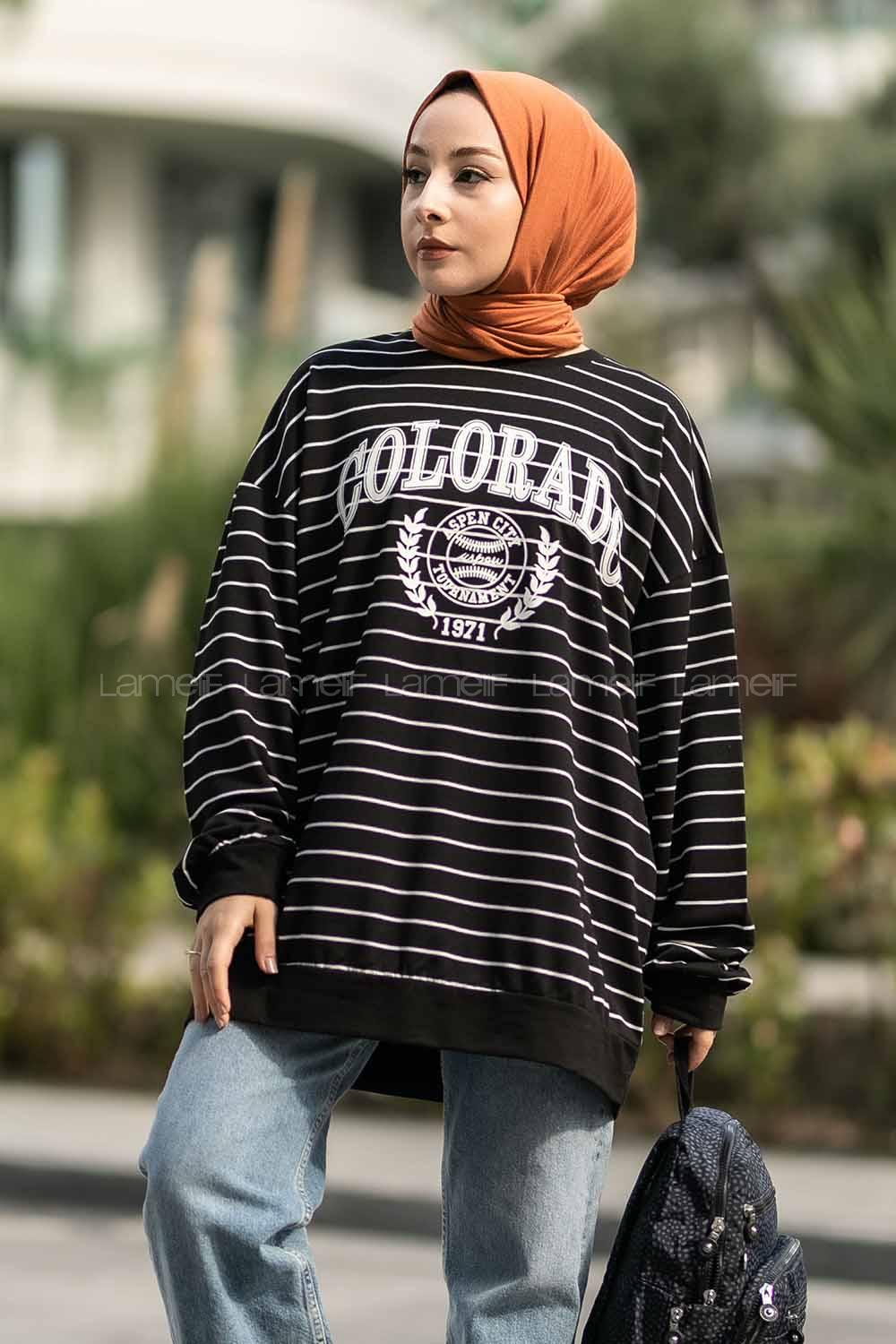 Modalamelif Colorado Yazı Baskılı Çizgi Desenli Sweat Siyah-Beyaz