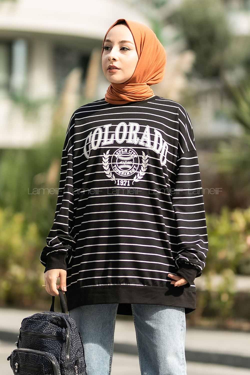 Modalamelif Colorado Yazı Baskılı Çizgi Desenli Sweat Siyah-Beyaz