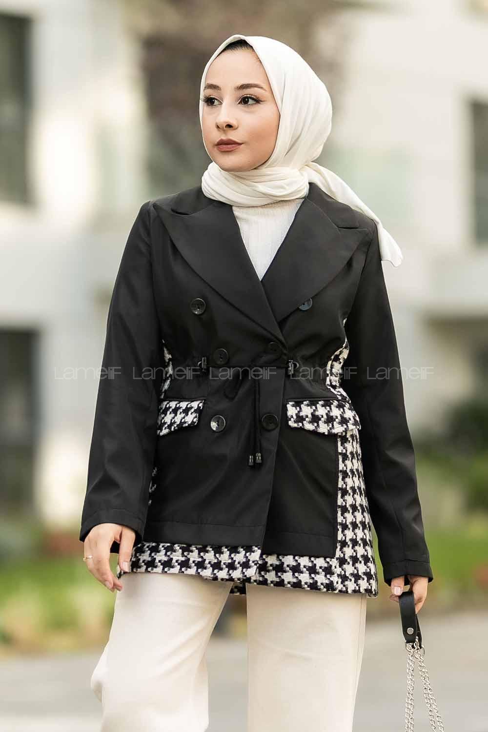 Modalamelif Düğme Detaylı Sırt Garnili Çift Cepli Trenç Siyah