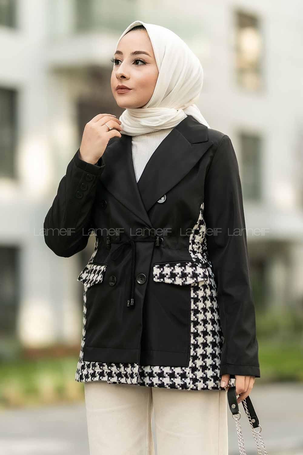 Modalamelif Düğme Detaylı Sırt Garnili Çift Cepli Trenç Siyah