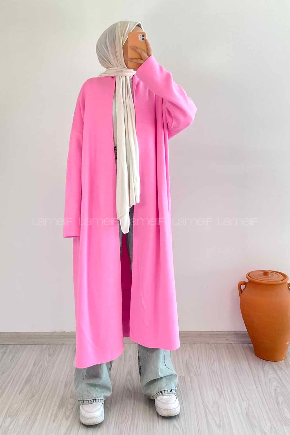 Modalamelif Düz Renk Triko Yırtmaçlı Hırka Pembe