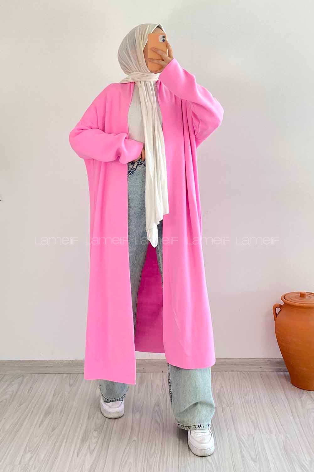 Modalamelif Düz Renk Triko Yırtmaçlı Hırka Pembe