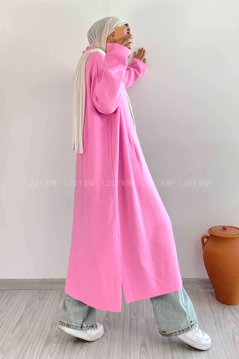 Modalamelif Düz Renk Triko Yırtmaçlı Hırka Pembe