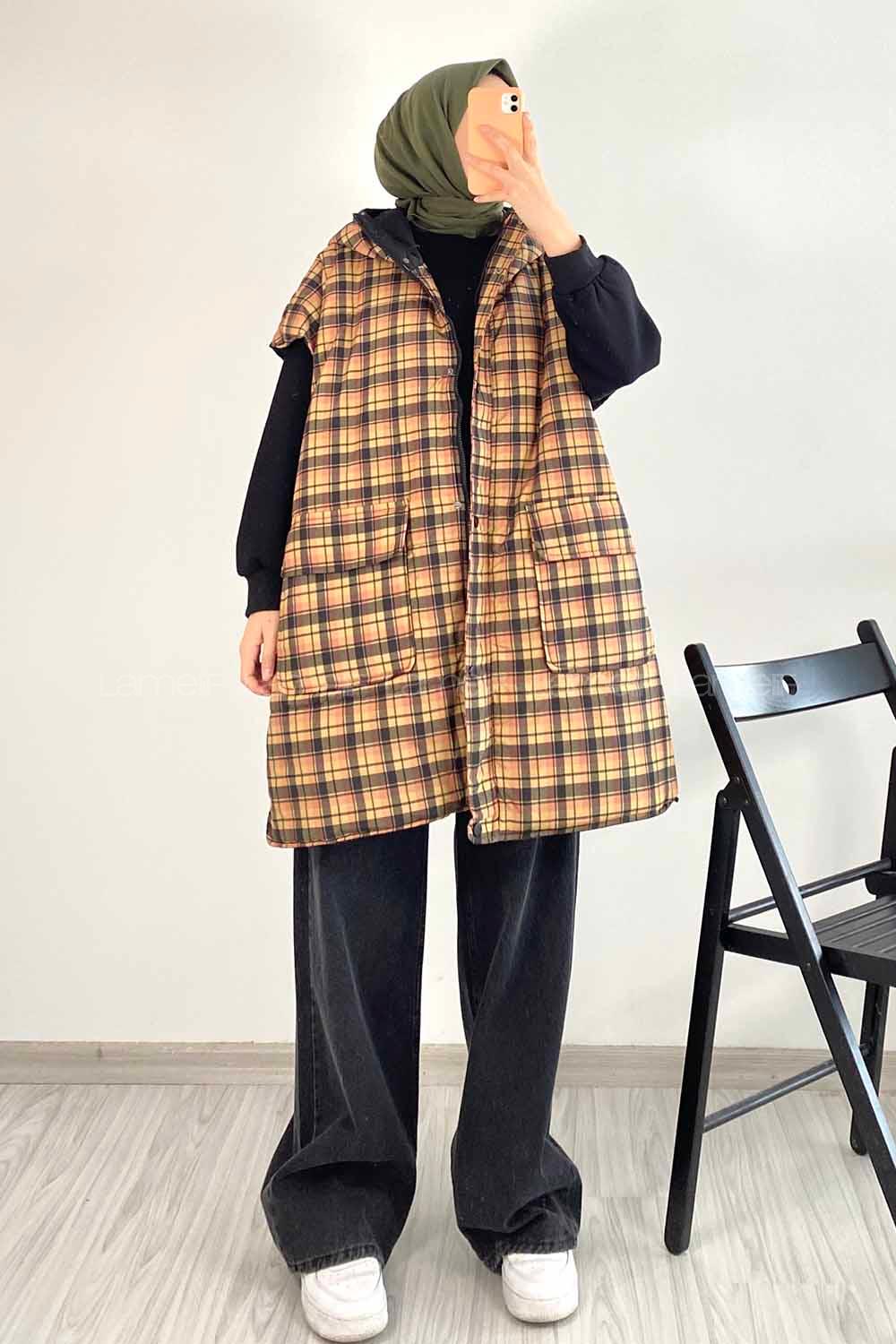 Modalamelif Ekose Desenli Kapşonlu Çift Kapak Cepli Şişme Yelek Sarı-Siyah