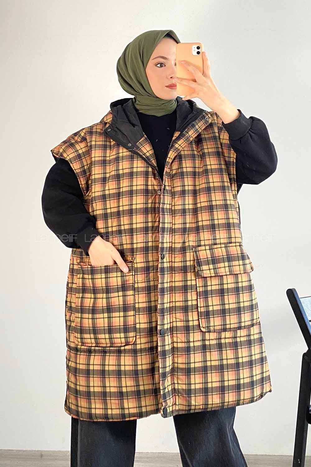 Modalamelif Ekose Desenli Kapşonlu Çift Kapak Cepli Şişme Yelek Sarı-Siyah