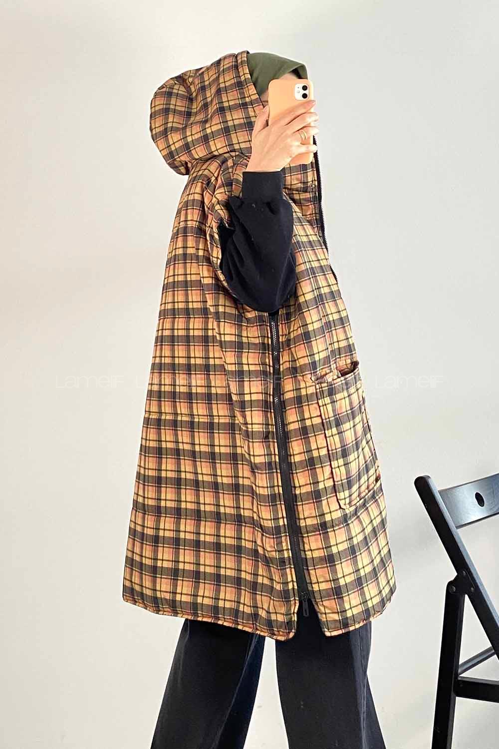 Modalamelif Ekose Desenli Kapşonlu Çift Kapak Cepli Şişme Yelek Sarı-Siyah